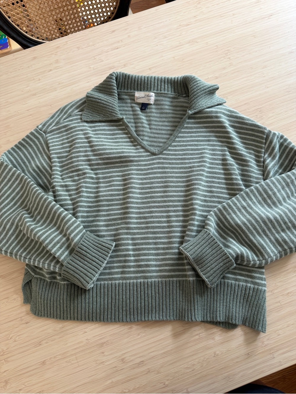 Women’s Sage Green Striped V-Neck Sweater